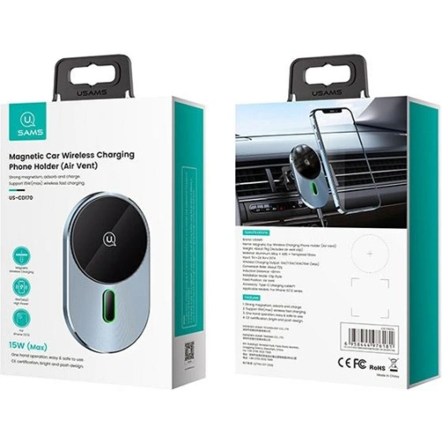 Uchwyt samochodowy z ładowaniem indukcyjnym USAMS Magnetic Car Wireless Charging 15W Air Vent szary/grey CD170DZ01