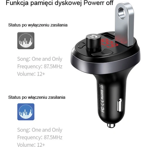 Transmiter FM USAMS C11, zestaw głośnomówiący, Bluetooth, MP3, 2xUSB 2,1A czarny/black CC62GC01
