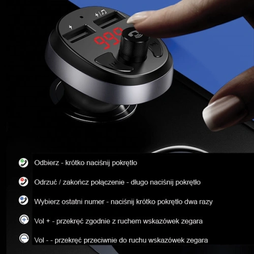 Transmiter FM USAMS C11, zestaw głośnomówiący, Bluetooth, MP3, 2xUSB 2,1A czarny/black CC62GC01