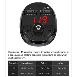 Hurtownia GSM - FM transmitter USAMS C11, hands-free kit, Bluetooth, MP3, 2xUSB 2,1A černý/black CC62GC01 - USA784BLK - {ean13} - Hurt