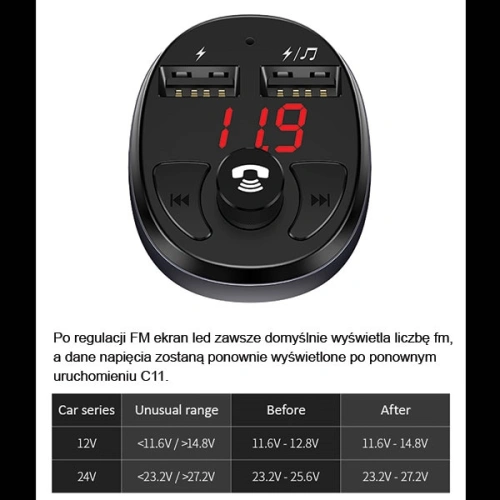 Transmiter FM USAMS C11, zestaw głośnomówiący, Bluetooth, MP3, 2xUSB 2,1A czarny/black CC62GC01