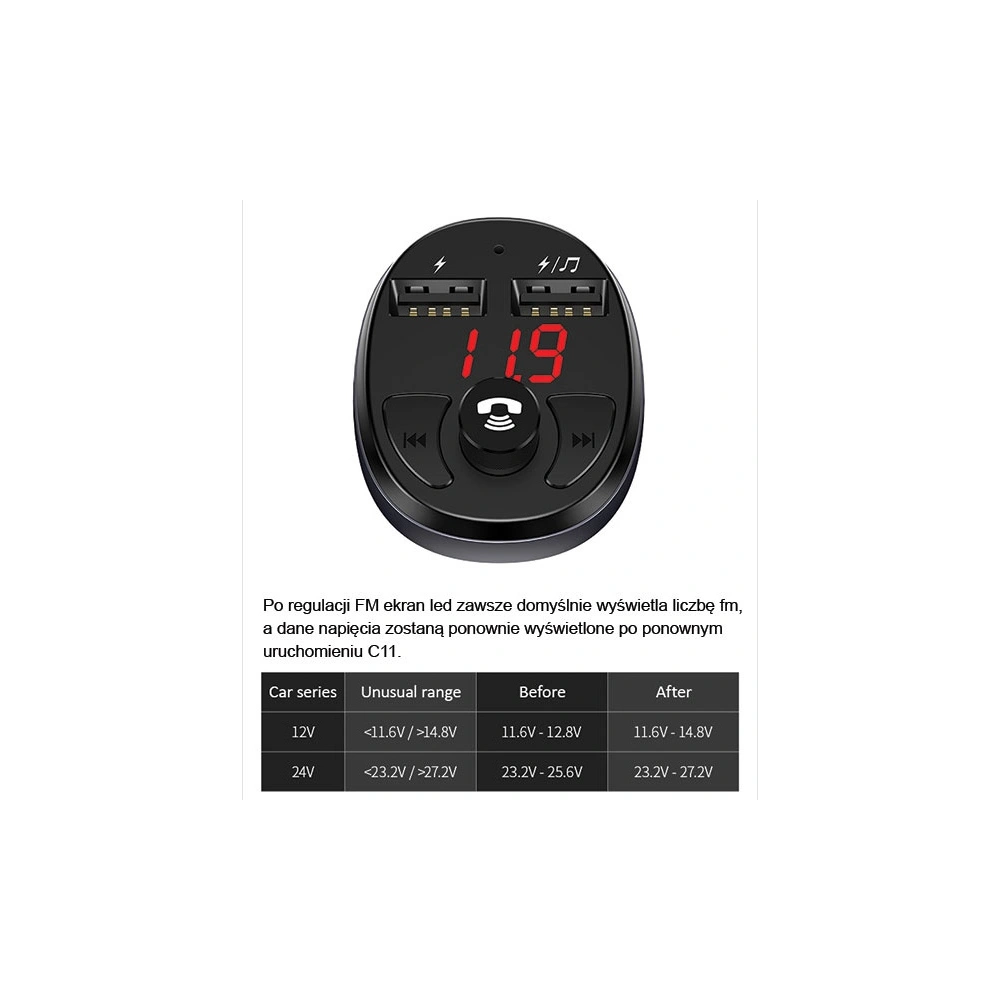 Hurtownia GSM - FM transmitter USAMS C11, hands-free kit, Bluetooth, MP3, 2xUSB 2,1A černý/black CC62GC01 - USA784BLK - {ean13} - Hurt