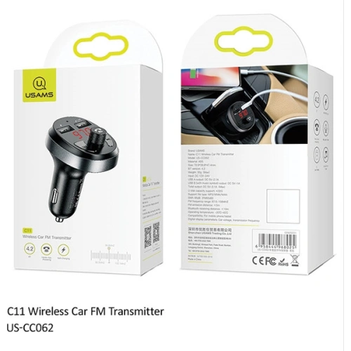 Transmiter FM USAMS C11, zestaw głośnomówiący, Bluetooth, MP3, 2xUSB 2,1A czarny/black CC62GC01