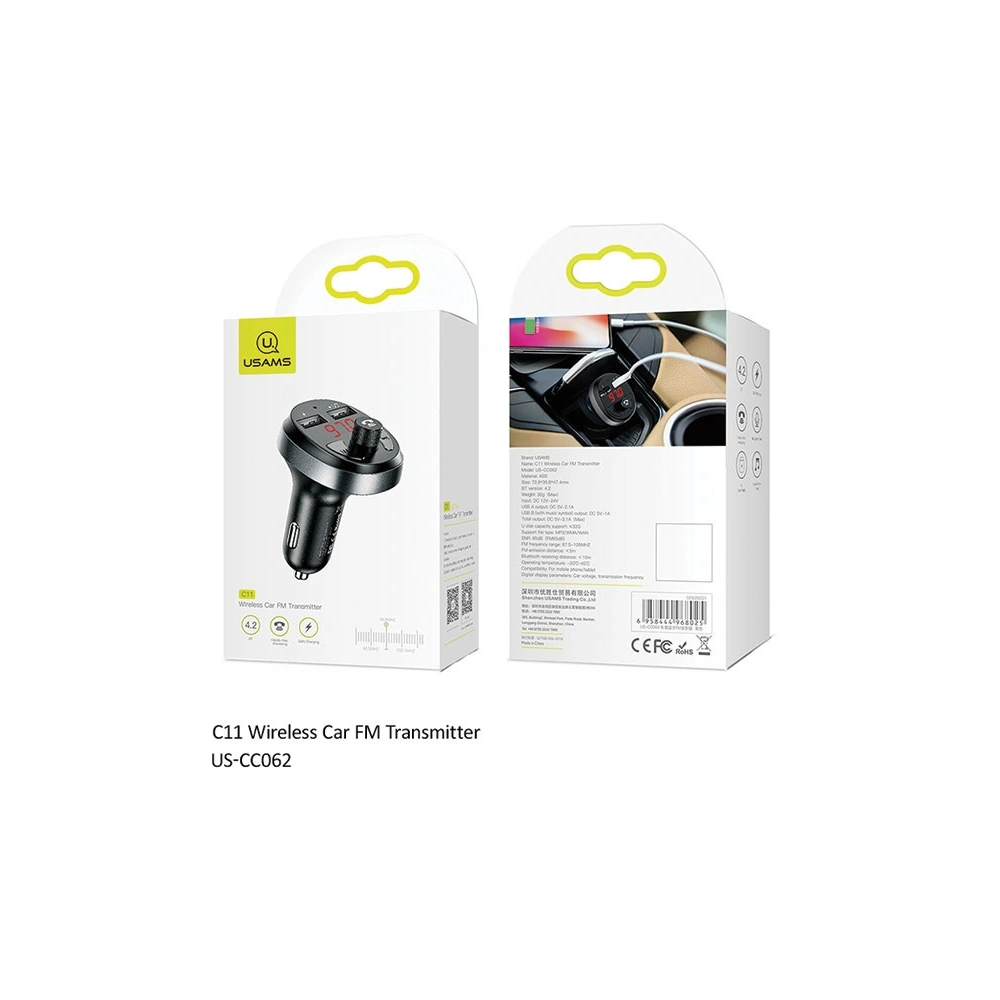 Hurtownia GSM - Transmiter FM USAMS C11, zestaw głośnomówiący, Bluetooth, MP3, 2xUSB 2,1A czarny/black CC62GC01 - USA784BLK - {ean13} - Hurt