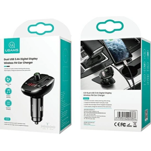 Transmiter FM USAMS C21, zestaw głośnomówiący, Bluetooth 5.0, MP3, 2xUSB 3,4A czarny/black CC115GC01