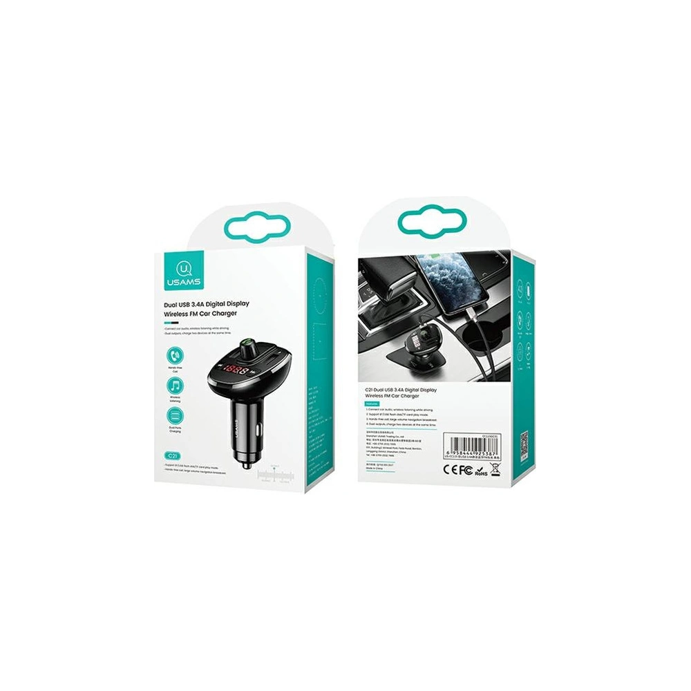 Hurtownia GSM - FM transmitter USAMS C21, hands-free kit, Bluetooth 5.0, MP3, 2xUSB 3,4A černý/black CC115GC01 - USA785BLK - {ean13} - Hurt