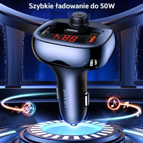 Transmiter FM USAMS C25 50W, zestaw głośnomówiący, Bluetooth, MP3, 2xUSB / USB-C czarny/black CC143TC01