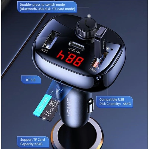 Transmiter FM USAMS C25 50W, zestaw głośnomówiący, Bluetooth, MP3, 2xUSB / USB-C czarny/black CC143TC01