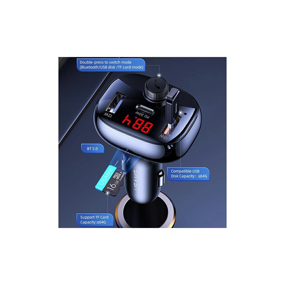 Hurtownia GSM - FM transmitter USAMS C25 50W, hands-free kit, Bluetooth, MP3, 2xUSB / USB-C černý/black CC143TC01 - USA786BLK - {ean13} - Hurt