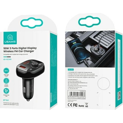 Transmiter FM USAMS C25 50W, zestaw głośnomówiący, Bluetooth, MP3, 2xUSB / USB-C czarny/black CC143TC01