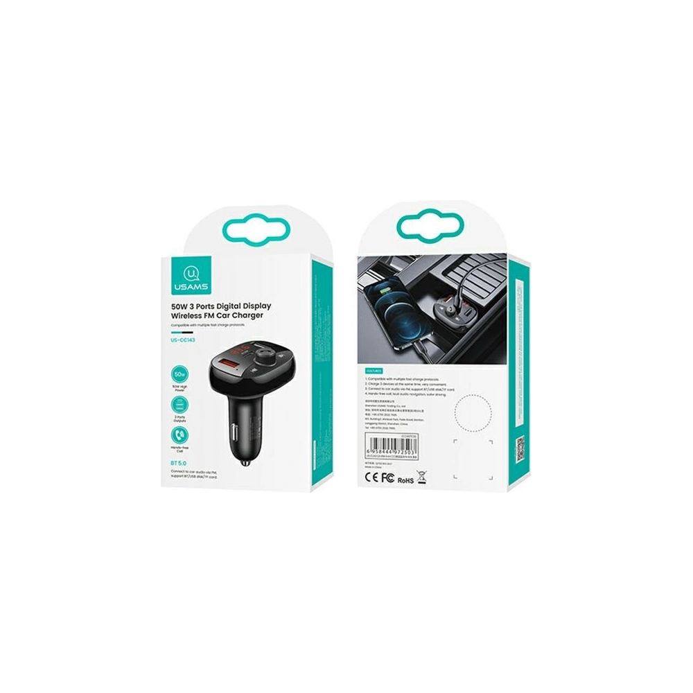 Hurtownia GSM - FM transmitter USAMS C25 50W, hands-free kit, Bluetooth, MP3, 2xUSB / USB-C černý/black CC143TC01 - USA786BLK - {ean13} - Hurt