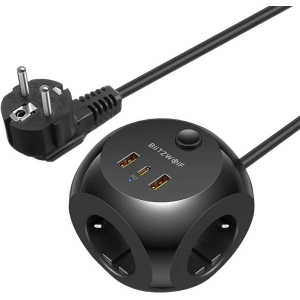 Hurtownia GSM - Ładowarka sieciowa z 3 gniazdami AC, 2x USB, 1x USB-C Blitzwolf BW-PC1 (czarna) - BLZ495 - {ean13} - Hurt