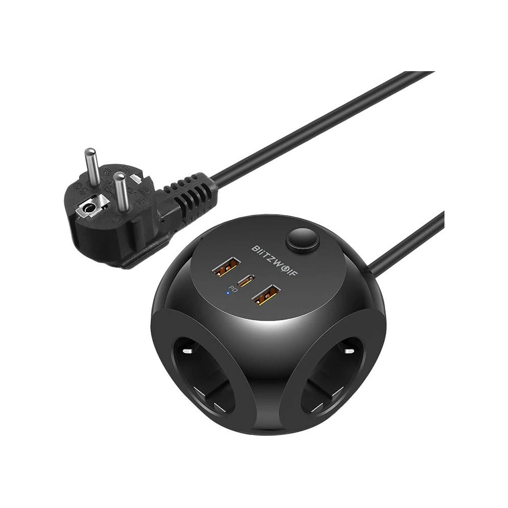 Hurtownia GSM - Síťová nabíječka se 3 AC zásuvkami, 2x USB, 1x USB-C Blitzwolf BW-PC1 (černá) - BLZ495 - {ean13} - Hurt