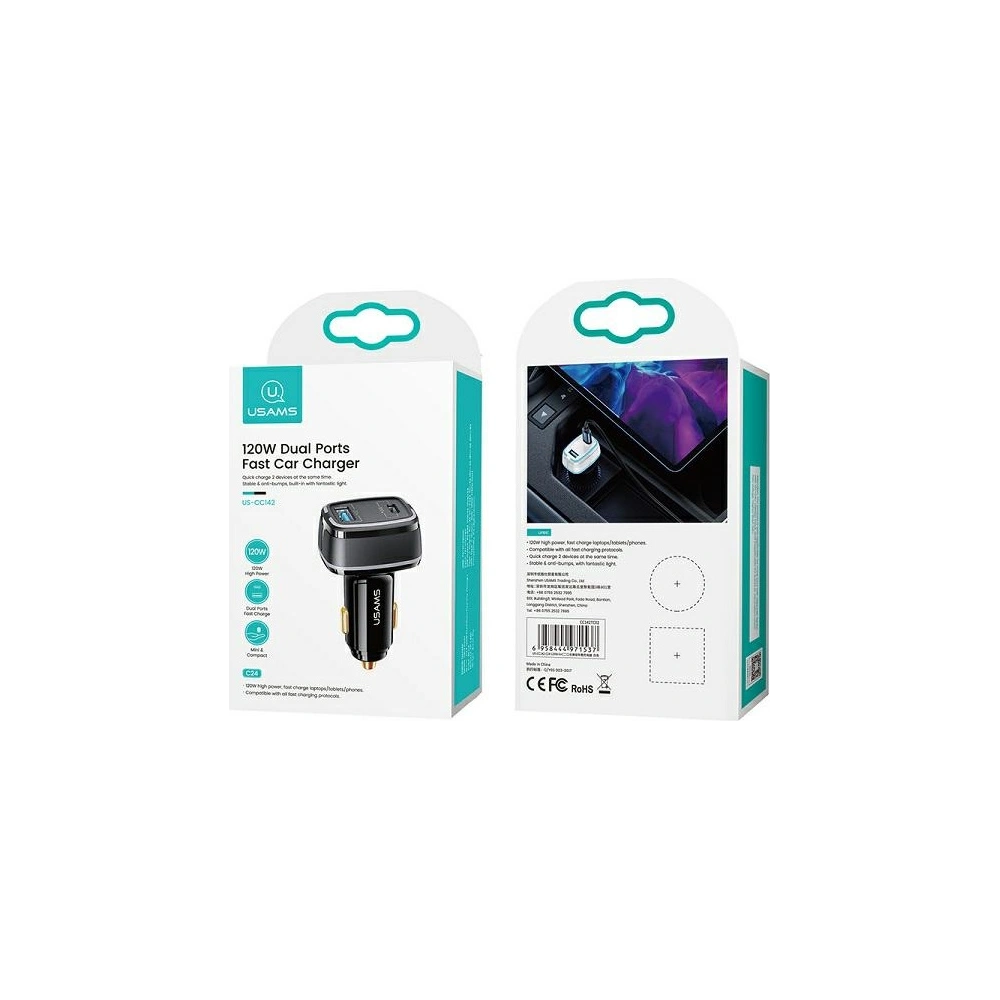 Hurtownia GSM - Autonabíječka USAMS C24 1xUSB+1xUSB-C 120W Rychlé nabíjení černá/black CC142TC01 - USA484BLK - {ean13} - Hurt