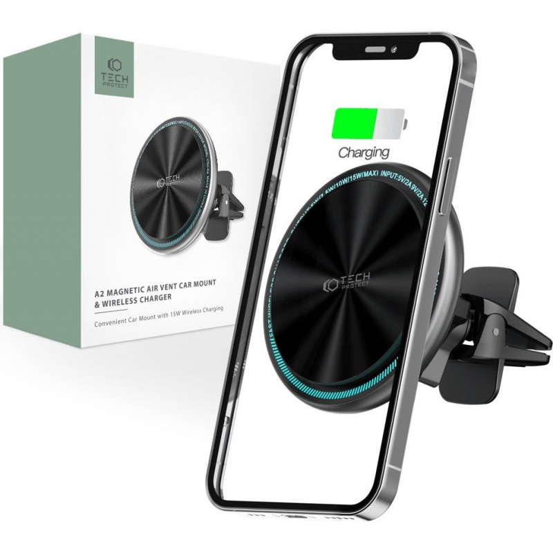 Tech-Protect Distributor - 9589046926730 - THP1300 - Tech-Protect A2 Magnetic MagSafe Vent Car Mount Wireless Charger 15W Black - B2B homescreen