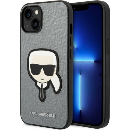 Karl Lagerfeld Distributor - 3666339077082 - KLD998 - Karl Lagerfeld KLHCP14MSAPKHG Apple iPhone 14 Plus / 15 Plus silver hardcase Saffiano Karl`s Head Patch - B2B homescreen