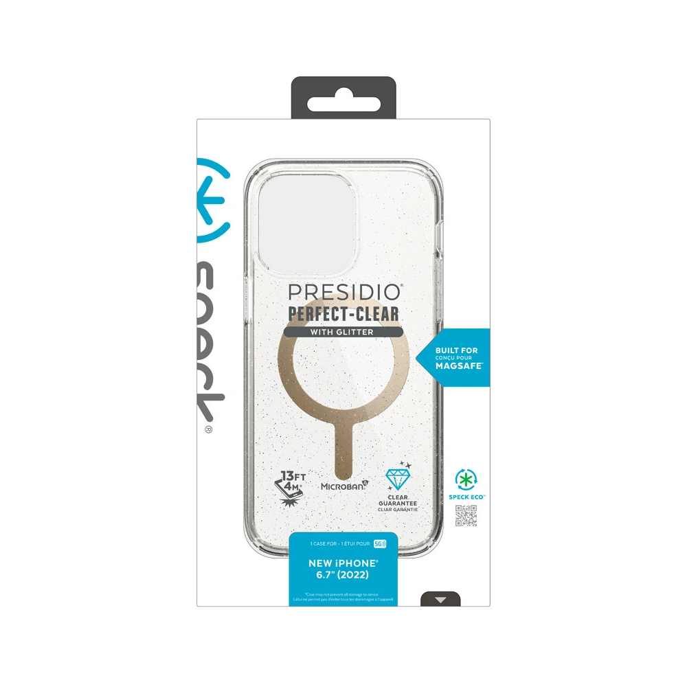 Hurtownia GSM - Etui Speck Presidio Perfect-Clear Glitter MagSafe MICROBAN Apple iPhone 14 Plus / 15 Plus (Čiré / Zlaté třpytky) - SPK391 - {ean13} - Hurt