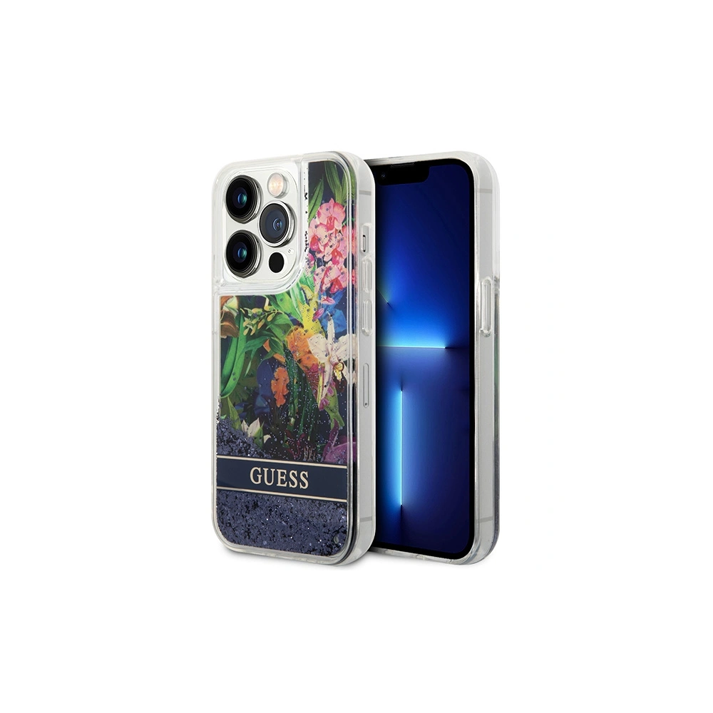 Wholesale Guess GUHCP14LLFLSB Apple iPhone 14 Pro blue hardcase Flower Liquid Glitter - GUE1974 - {ean13} - Hurt