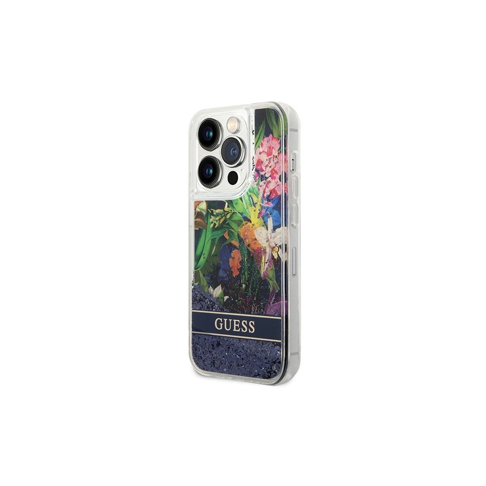 Wholesale Guess GUHCP14LLFLSB Apple iPhone 14 Pro blue hardcase Flower Liquid Glitter - GUE1974 - {ean13} - Hurt