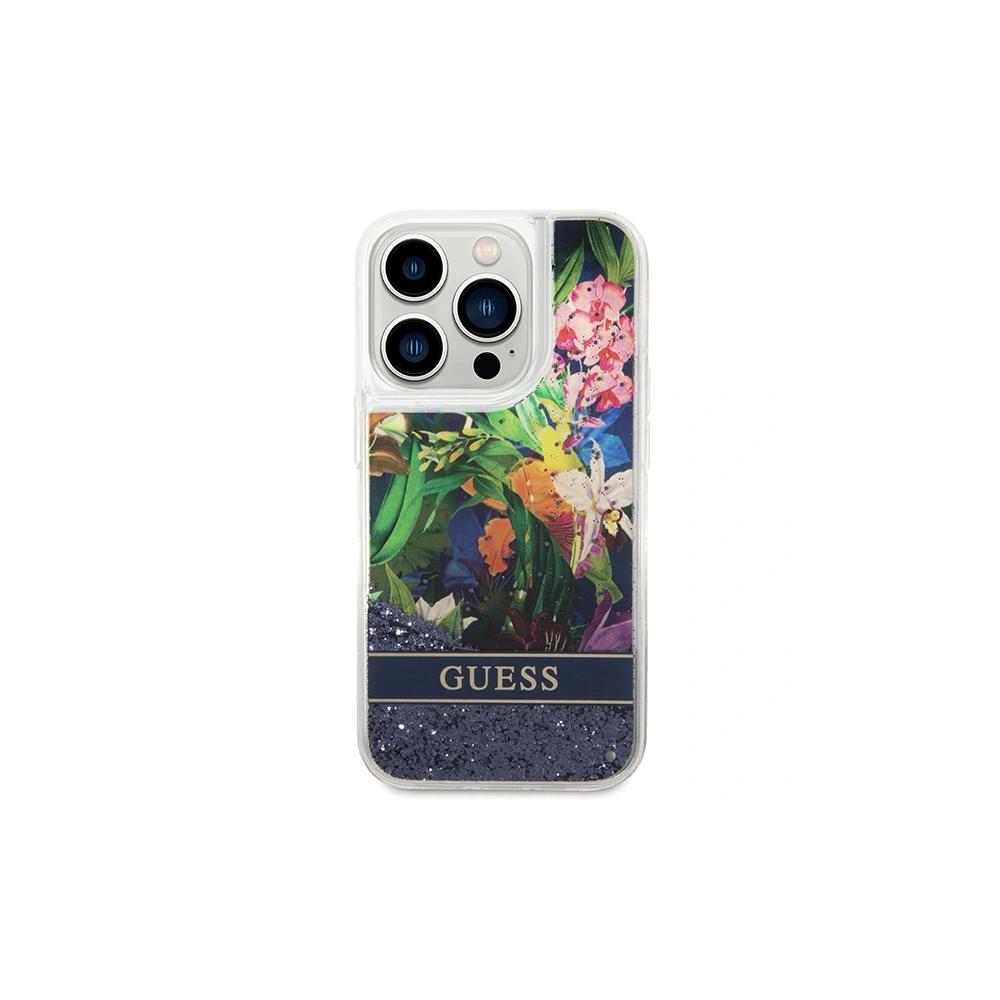 Wholesale Guess GUHCP14LLFLSB Apple iPhone 14 Pro blue hardcase Flower Liquid Glitter - GUE1974 - {ean13} - Hurt