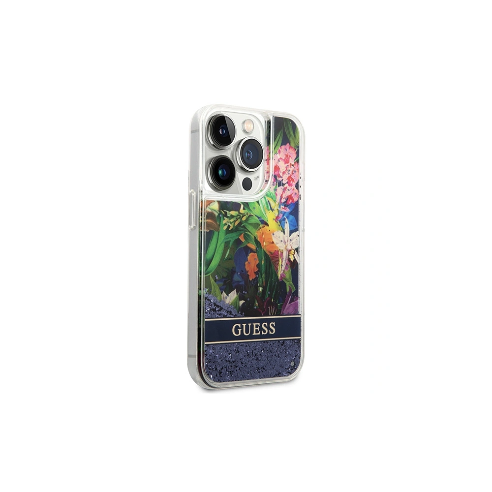 Wholesale Guess GUHCP14LLFLSB Apple iPhone 14 Pro blue hardcase Flower Liquid Glitter - GUE1974 - {ean13} - Hurt