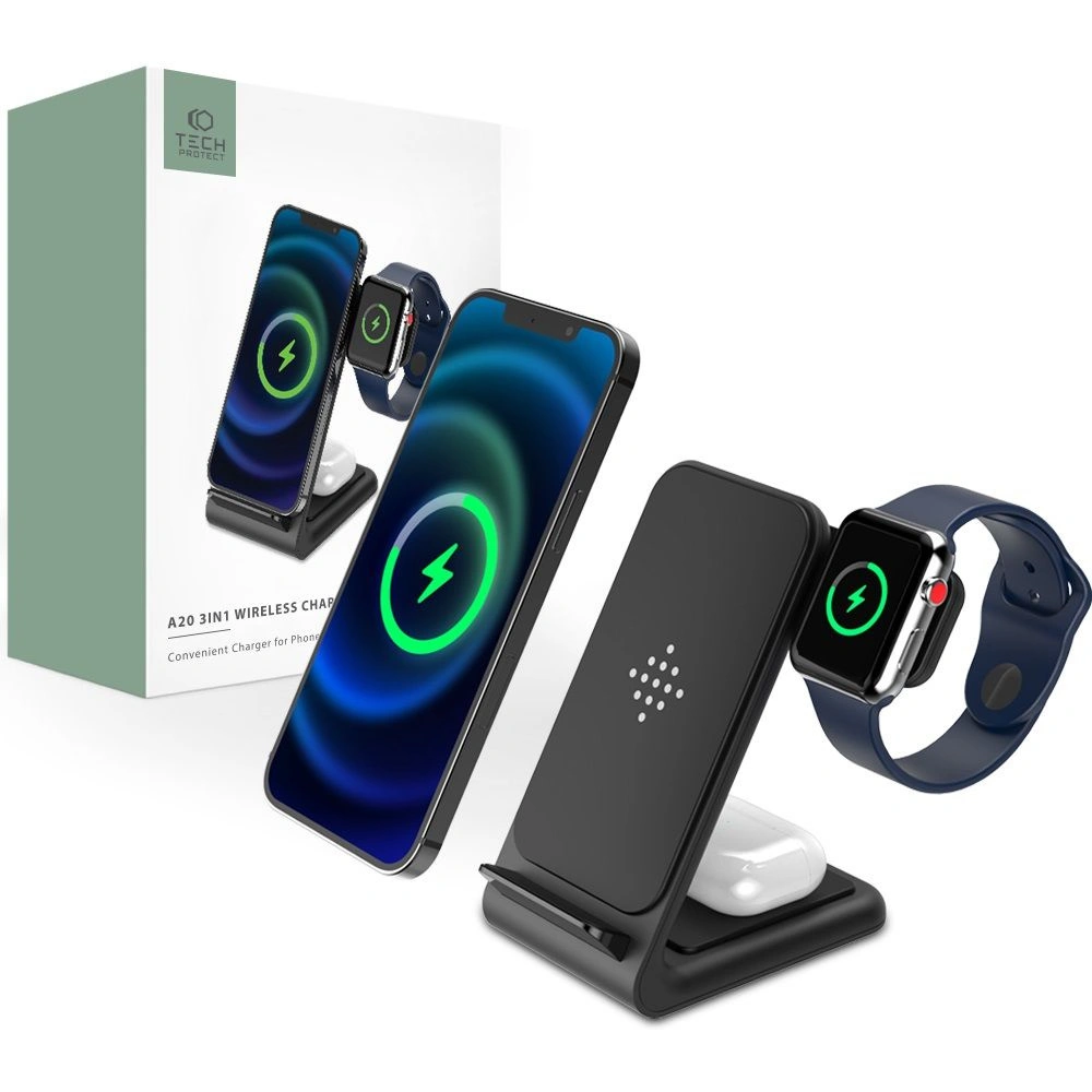 Hurtownia GSM - Încărcător wireless Tech-Protect QI15W-A20 3in1 Încărcător Wireless Negru - THP1390 - {ean13} - Hurt