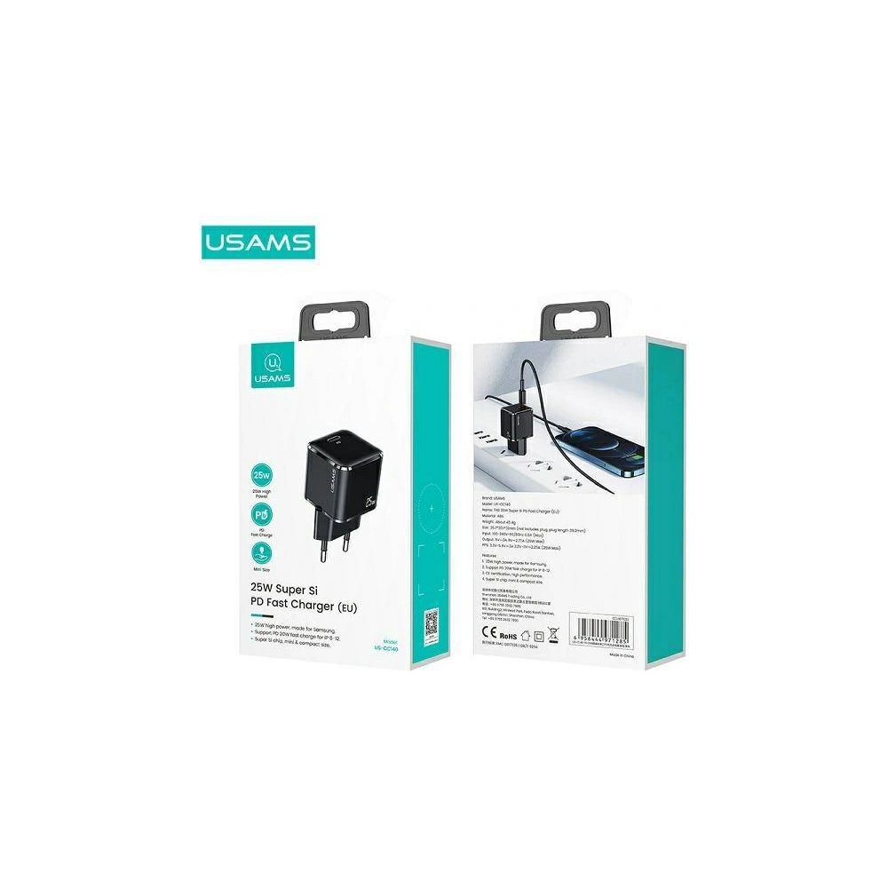 Wholesale USAMS Wall Charger 1xUSB-C T42 mini 25W Super SI 5V-3A PD3.0 Fast Charging black CC140TC01 (US-CC140) - USA533BLK - {ean13} - Hurt