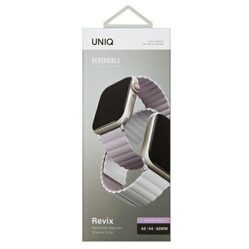 Pasek UNIQ Revix Apple Watch 4/5/6/7/SE/8/9/Ultra 44/45/49mm Reversible Magnetic lilak-biały/lilac-white
