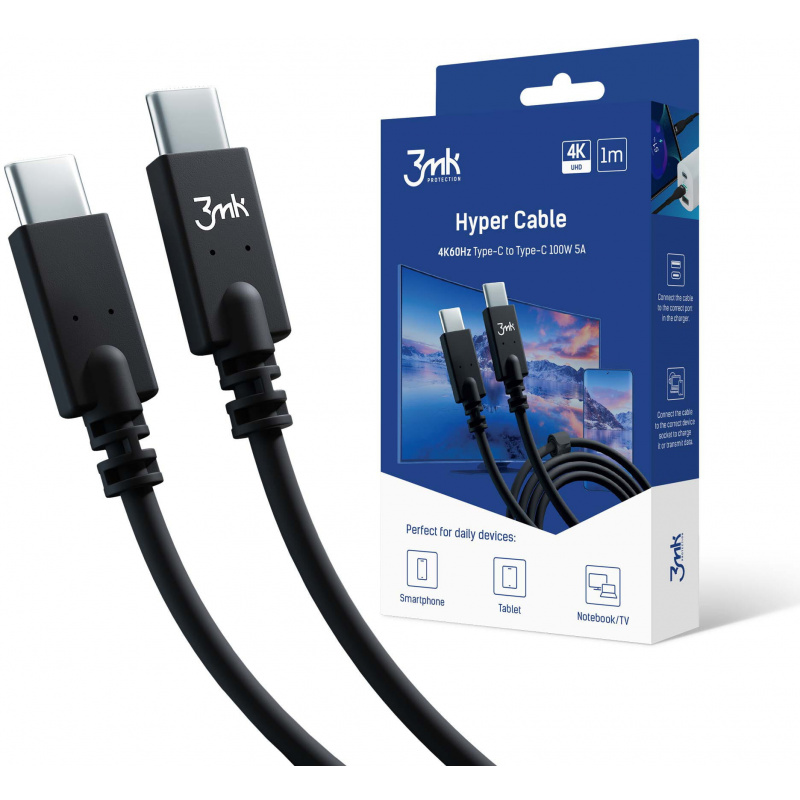 3MK Distributor - 5903108464550 - 3MK4021 - 3MK Hyper Cable USB-C/USB-C 4K 60Hz 1m 100W black - B2B homescreen