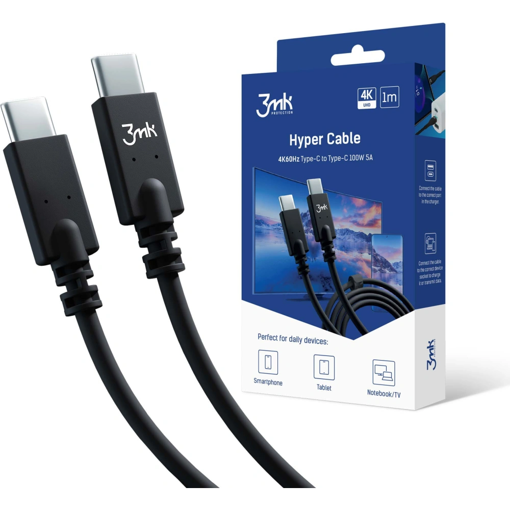 Hurtownia GSM - Kabel 3MK Hyper Cable USB-C/USB-C 4K 60Hz 1m 100W černý - 3MK4021 - {ean13} - Hurt