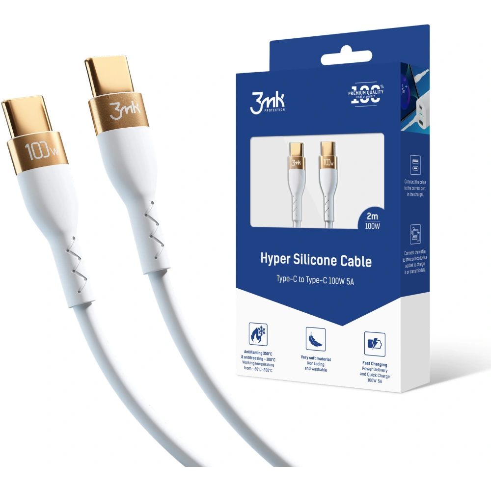 Hurtownia GSM - Kábel 3MK HyperSilicone USB-C/USB-C 100W 2m fehér - 3MK4022 - {ean13} - Hurt