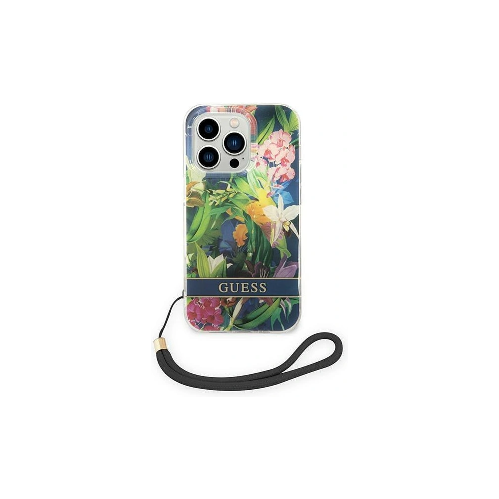 Guess GUOHCP14LHFLSB Apple iPhone 14 Pro blue hardcase Flower Strap