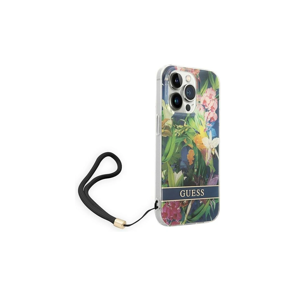 Guess GUOHCP14LHFLSB Apple iPhone 14 Pro blue hardcase Flower Strap