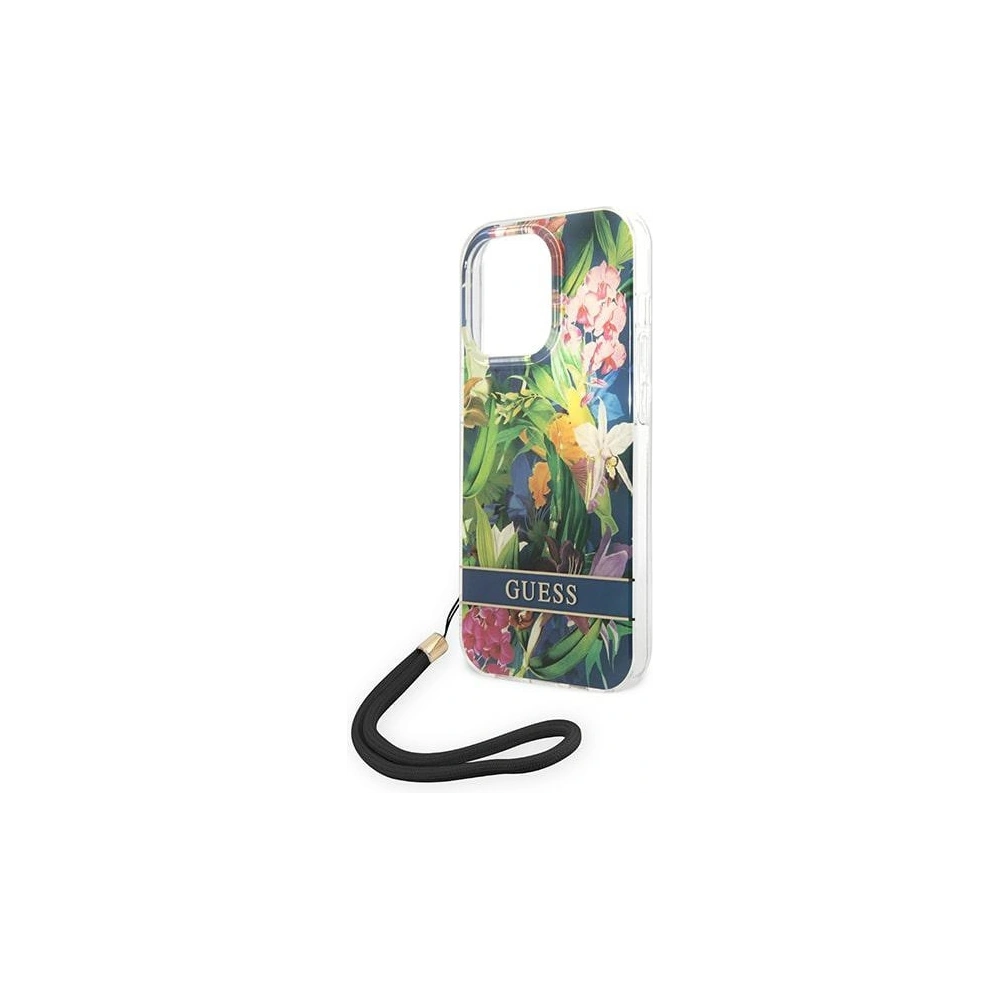 Guess GUOHCP14LHFLSB Apple iPhone 14 Pro blue hardcase Flower Strap