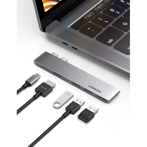Hub UGREEN 2xUSB-C - USB-C PD (Thunderbolt 3, 100W, 4K@60 Hz, 10 Gbps)/HDMI 4K@30 Hz/3xUSB 3.0 do Apple MacBook Pro/Air szary