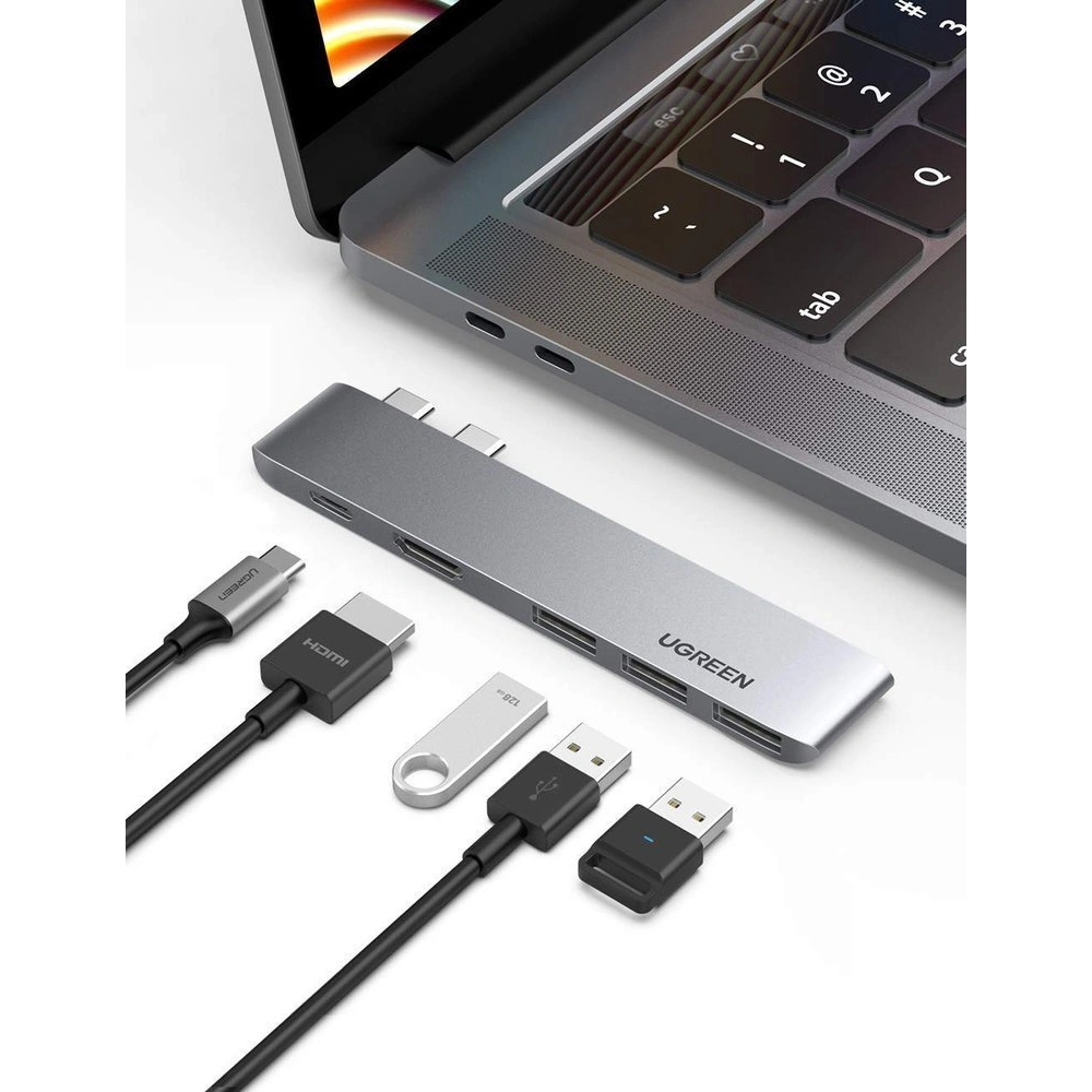 Hurtownia GSM - Hub UGREEN 2xUSB-C - USB-C PD (Thunderbolt 3, 100W, 4K@60 Hz, 10 Gbps)/HDMI 4K@30 Hz/3xUSB 3.0 für Apple MacBook Pro/Air grau - UGR1406 - {ean13} - Hurt