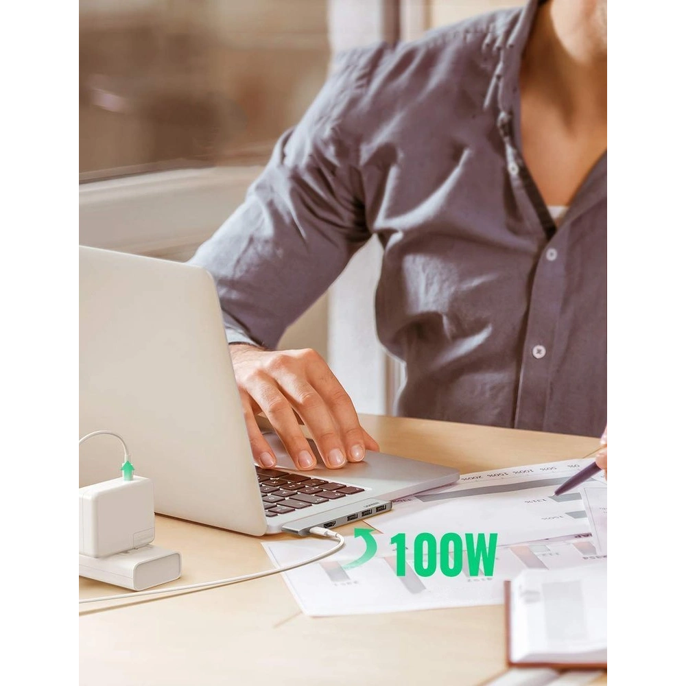 Hurtownia GSM - Hub UGREEN 2xUSB-C - USB-C PD (Thunderbolt 3, 100W, 4K@60 Hz, 10 Gbps)/HDMI 4K@30 Hz/3xUSB 3.0 für Apple MacBook Pro/Air grau - UGR1406 - {ean13} - Hurt