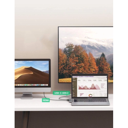 Hub UGREEN 2xUSB-C - USB-C PD (Thunderbolt 3, 100W, 4K@60 Hz, 10 Gbps)/HDMI 4K@30 Hz/3xUSB 3.0 do Apple MacBook Pro/Air szary