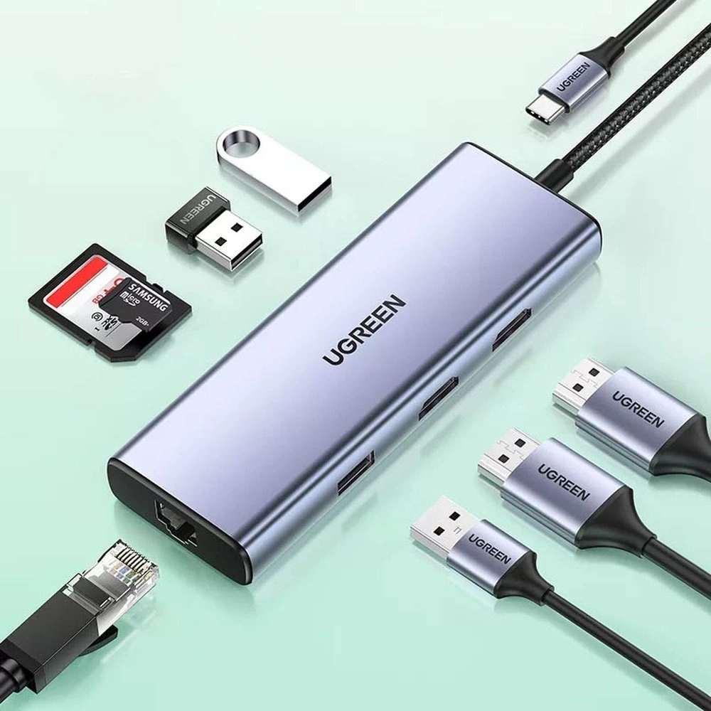 Hurtownia GSM - Hub UGREEN CM490 9w1 USB-C - 2xUSB 3.2 Gen 1/USB 2.0/2xHDMI 4K 60Hz/SD-, TF-Kartenleser/USB-C PD 100W/Ethernet RJ45 grau - UGR1409 - {ean13} - Hurt