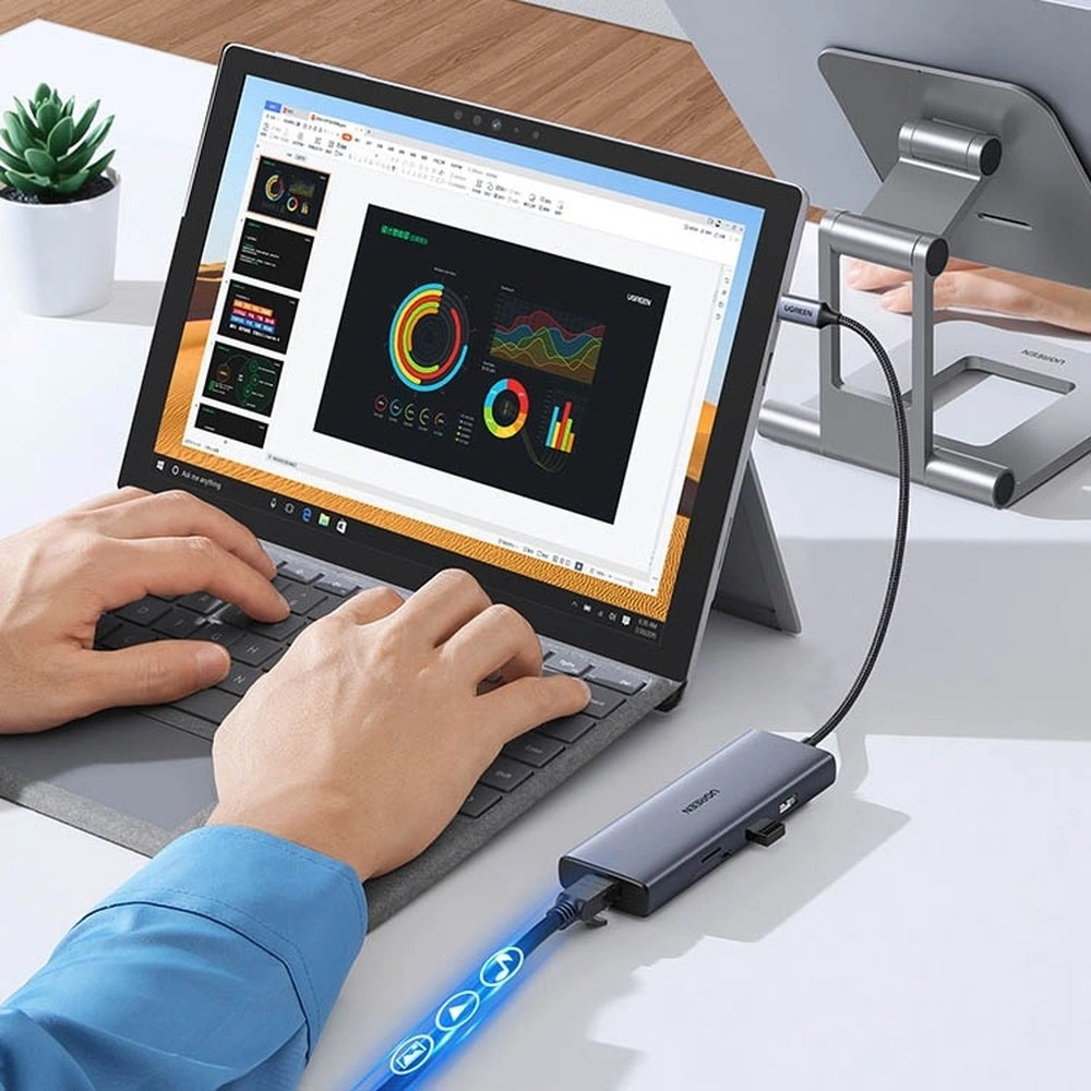 Hurtownia GSM - Hub UGREEN CM490 9w1 USB-C - 2xUSB 3.2 Gen 1/USB 2.0/2xHDMI 4K 60Hz/SD-, TF-Kartenleser/USB-C PD 100W/Ethernet RJ45 grau - UGR1409 - {ean13} - Hurt