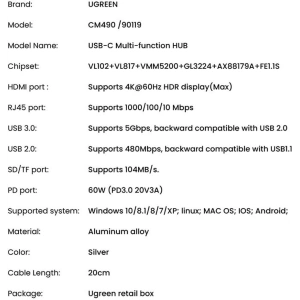 Hurtownia GSM - UGREEN CM490 9w1 USB-C hub - 2xUSB 3.2 Gen 1/USB 2.0/2xHDMI 4K 60Hz/SD, TF kártyaolvasó/USB-C PD 100W/Ethernet RJ45 szürke - UGR1409 - {ean13} - Hurt