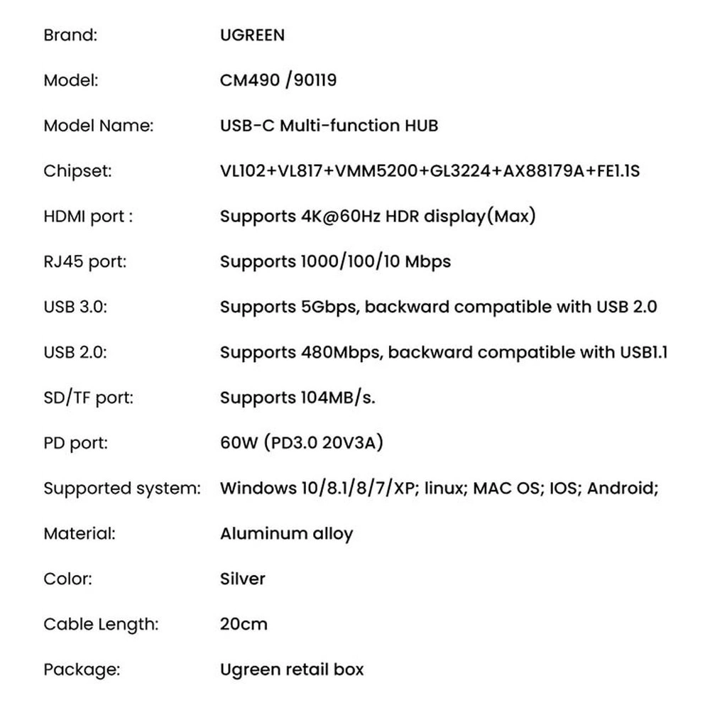 Hurtownia GSM - Hub UGREEN CM490 9w1 USB-C - 2xUSB 3.2 Gen 1/USB 2.0/2xHDMI 4K 60Hz/SD-, TF-Kartenleser/USB-C PD 100W/Ethernet RJ45 grau - UGR1409 - {ean13} - Hurt