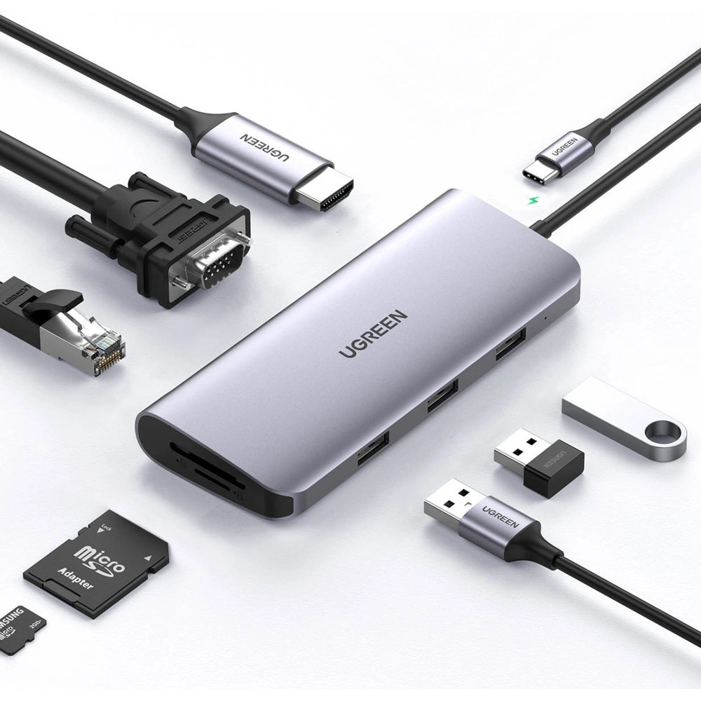 Hurtownia GSM - Hub UGREEN CM179 9w1 USB-C - 3x USB 3.2 Gen/HDMI (4K@60Hz)/VGA (Full HD@60Hz)/Ethernet/TF-, SD-Kartenleser/USB-C PD 100W grau - UGR1411 - {ean13} - Hurt