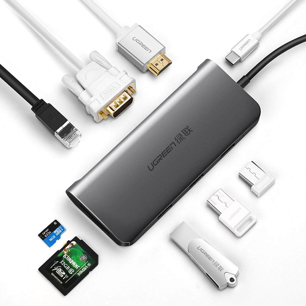 Hurtownia GSM - Hub UGREEN CM179 9w1 USB-C - 3x USB 3.2 Gen/HDMI (4K@60Hz)/VGA (Full HD@60Hz)/Ethernet/čtečka karet TF, SD/USB-C PD 100W šedý - UGR1411 - {ean13} - Hurt