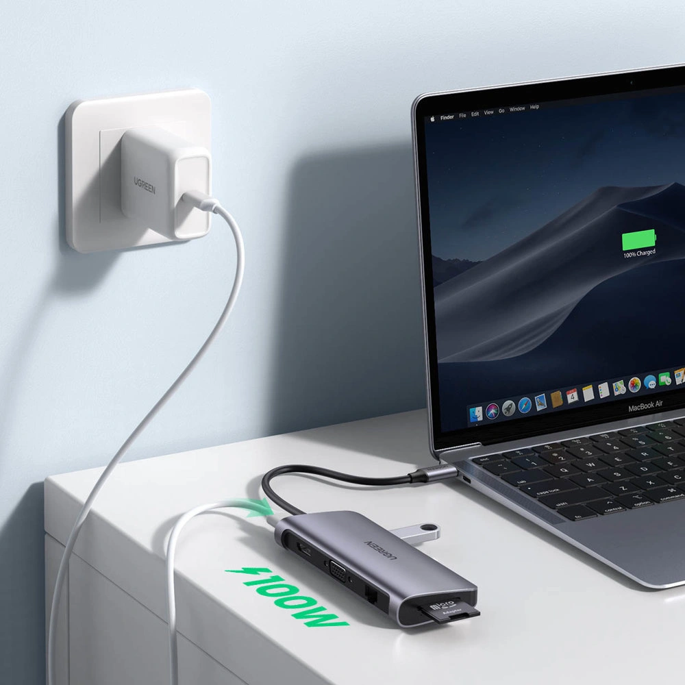 Hurtownia GSM - Hub UGREEN CM179 9w1 USB-C - 3x USB 3.2 Gen/HDMI (4K@60Hz)/VGA (Full HD@60Hz)/Ethernet/čtečka karet TF, SD/USB-C PD 100W šedý - UGR1411 - {ean13} - Hurt
