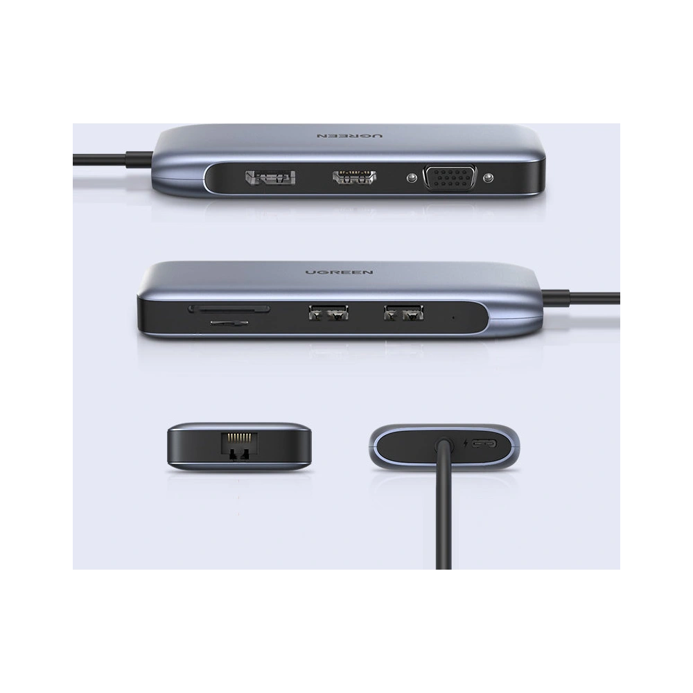 Hurtownia GSM - Hub UGREEN CM274 9v1 USB-C - HDMI/DP/VGA/2xUSB/RJ45/Ethernet/čtečka karet SD, TF/USB-C PD 100W šedý - UGR1413 - {ean13} - Hurt