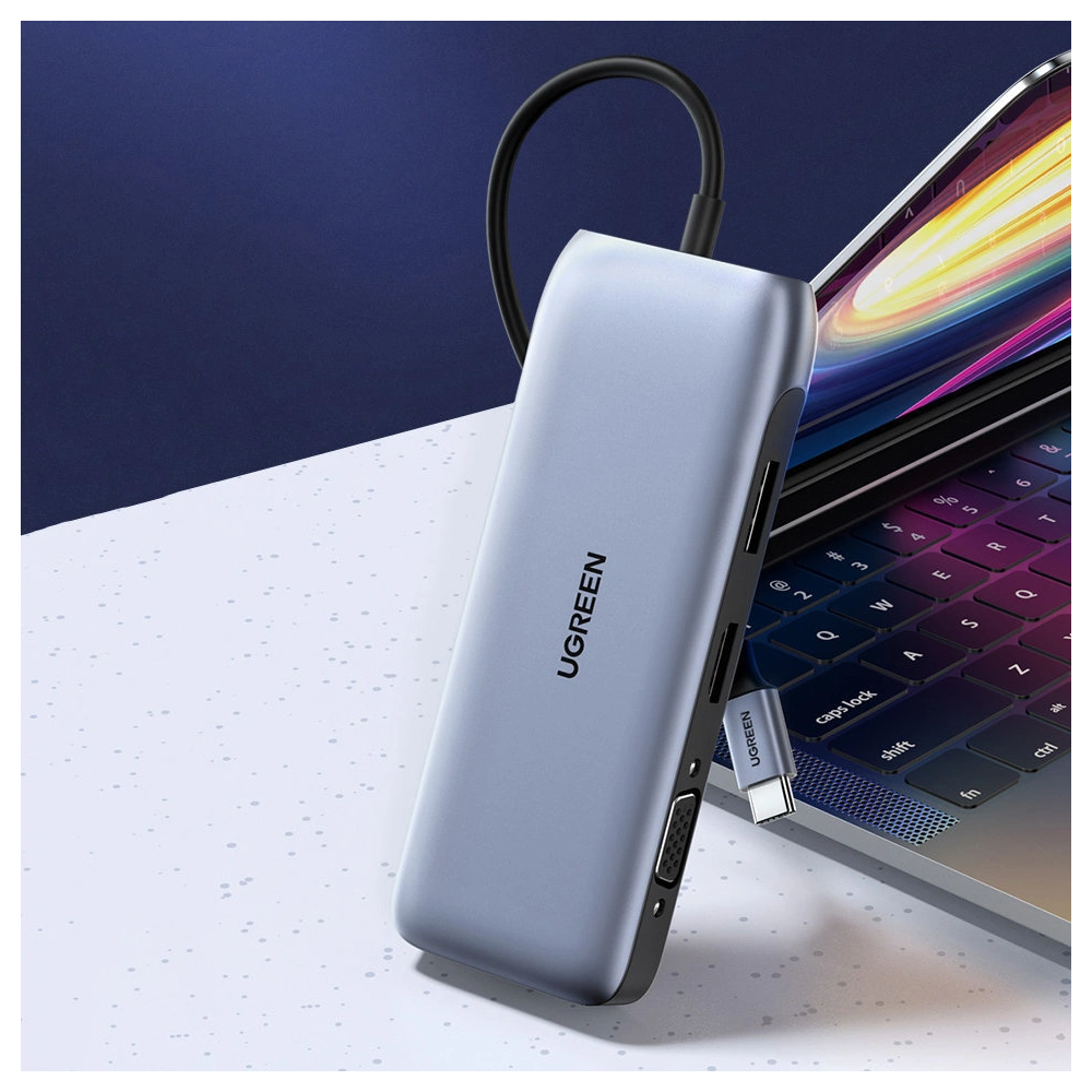 Hurtownia GSM - Hub UGREEN CM274 9v1 USB-C - HDMI/DP/VGA/2xUSB/RJ45/Ethernet/čtečka karet SD, TF/USB-C PD 100W šedý - UGR1413 - {ean13} - Hurt