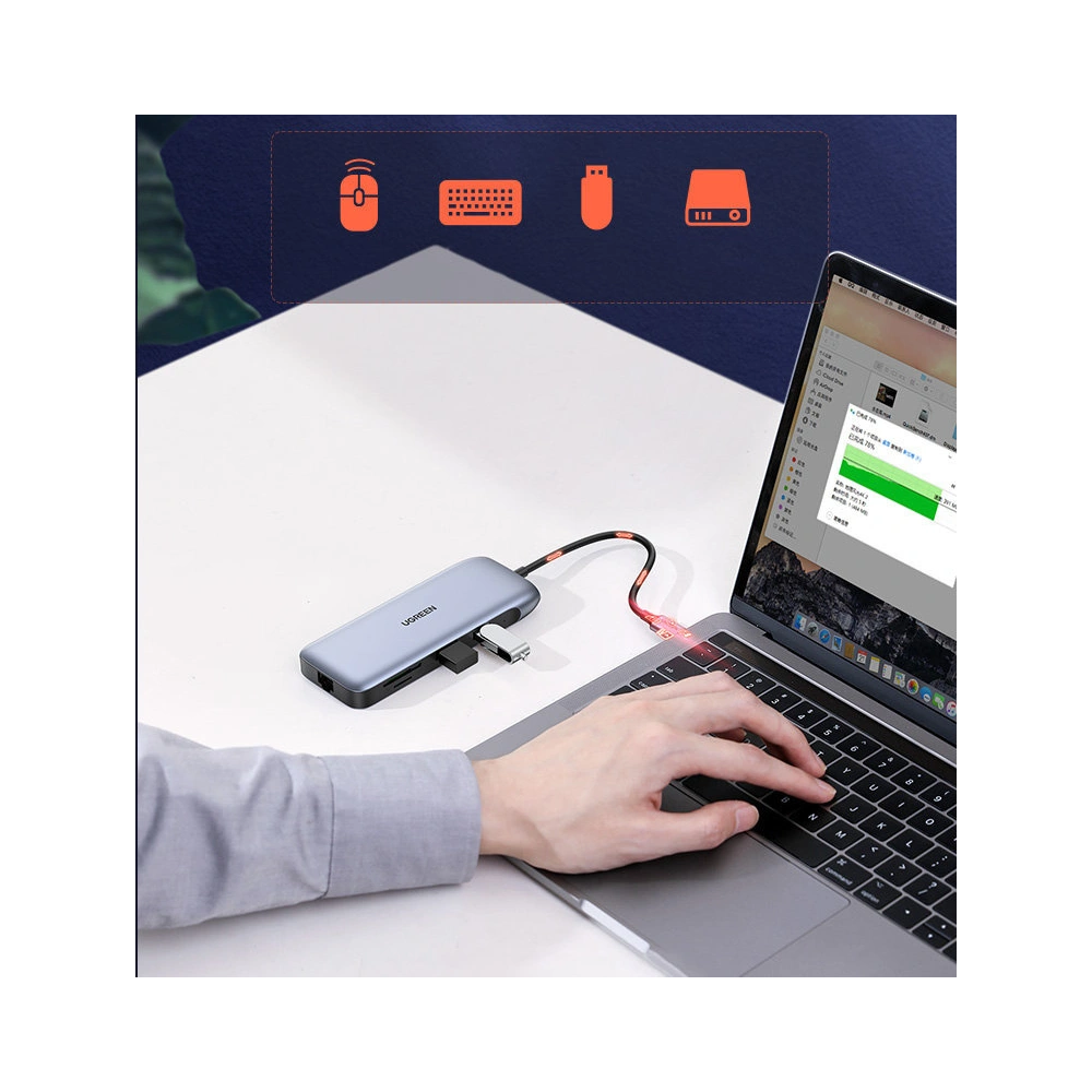 Hurtownia GSM - Hub UGREEN CM274 9v1 USB-C - HDMI/DP/VGA/2xUSB/RJ45/Ethernet/čtečka karet SD, TF/USB-C PD 100W šedý - UGR1413 - {ean13} - Hurt