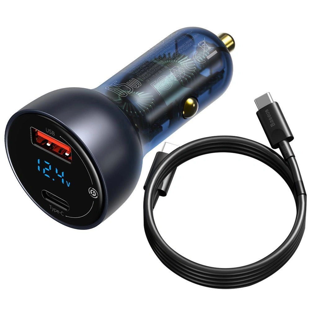 Hurtownia GSM - Autós töltő Baseus USB/USB-C 65W 5A SCP QC 4.0+ PD 3.0 LCD kijelzővel + USB-C/USB-C kábel szürke - BSU3585 - {ean13} - Hurt