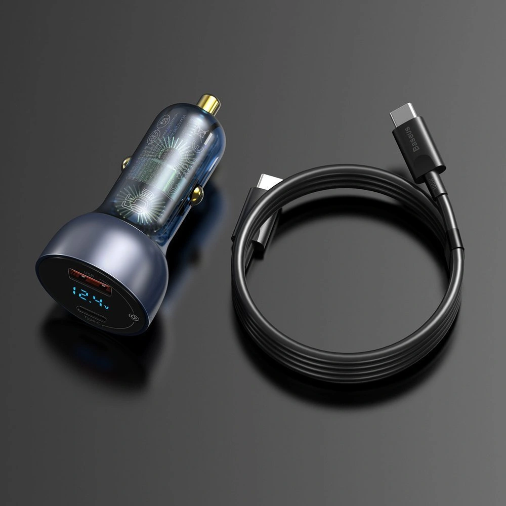 Hurtownia GSM - Autós töltő Baseus USB/USB-C 65W 5A SCP QC 4.0+ PD 3.0 LCD kijelzővel + USB-C/USB-C kábel szürke - BSU3585 - {ean13} - Hurt